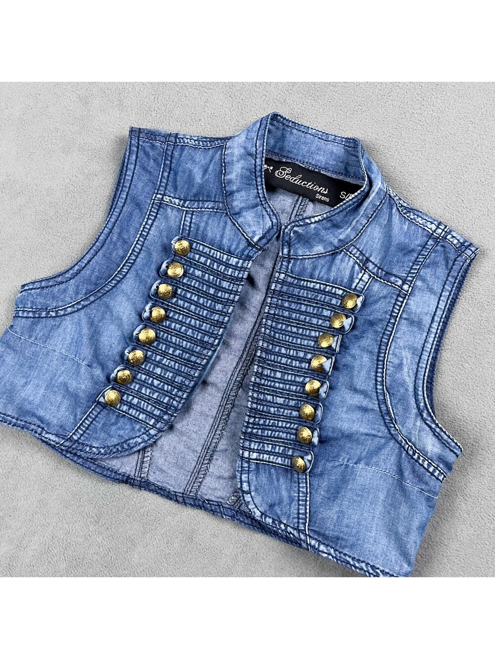 Denim Military Style Cropped Vest, Y2K Vintage